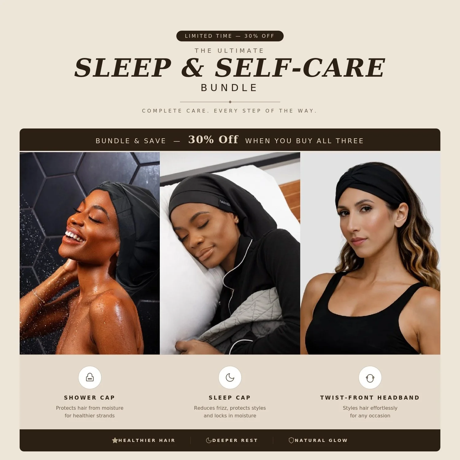 The Ultimate Hair Protection Trio: Shower Cap + Sleep cap + Twist-Front Headband